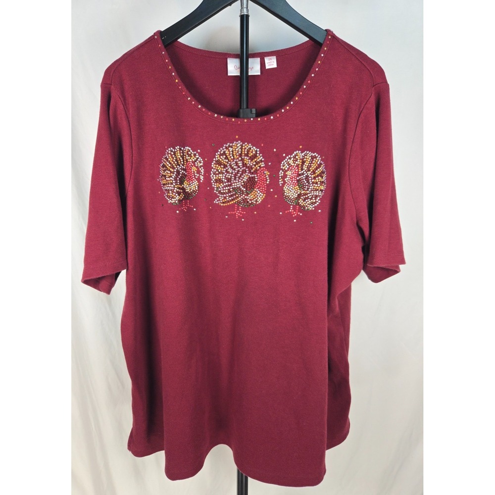 Quacker Factory Thanksgiving Turkey Rhinestone Top Womens 2X Burgundy Holiday